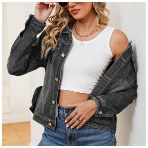 Women's Crop **Denim Jacket** Fitting Casual Long Sleeve Vintage Jean Jacket 2XL